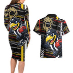 Collingwood Football Club Couples Matching Long Sleeve Bodycon Dress and Hawaiian Shirt Mascot Cartoon Football Illustration Style