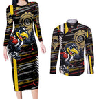 Collingwood Football Club Couples Matching Long Sleeve Bodycon Dress and Long Sleeve Button Shirt Mascot Cartoon Football Illustration Style