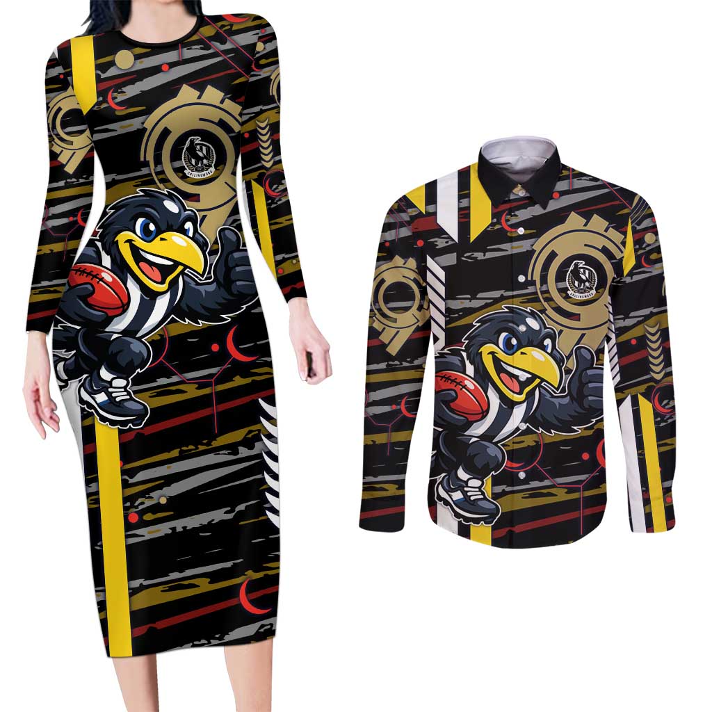 Collingwood Football Club Couples Matching Long Sleeve Bodycon Dress and Long Sleeve Button Shirt Mascot Cartoon Football Illustration Style