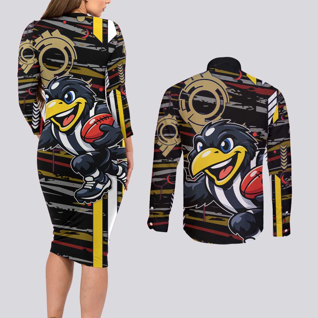 Collingwood Football Club Couples Matching Long Sleeve Bodycon Dress and Long Sleeve Button Shirt Mascot Cartoon Football Illustration Style