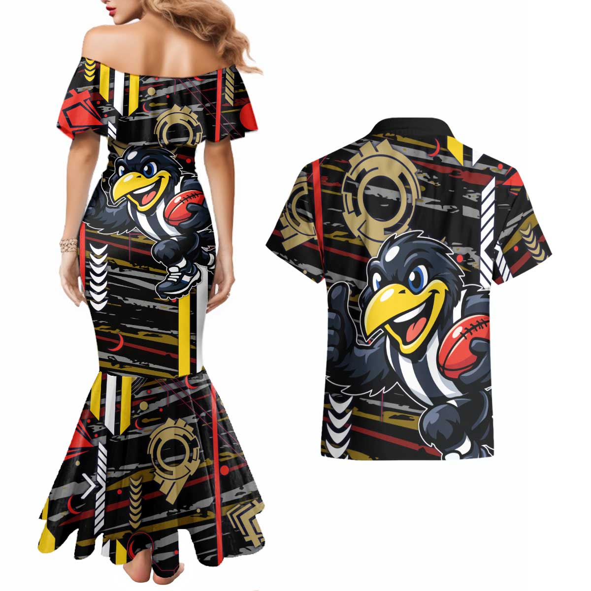 Collingwood Football Club Couples Matching Mermaid Dress and Hawaiian Shirt Mascot Cartoon Football Illustration Style