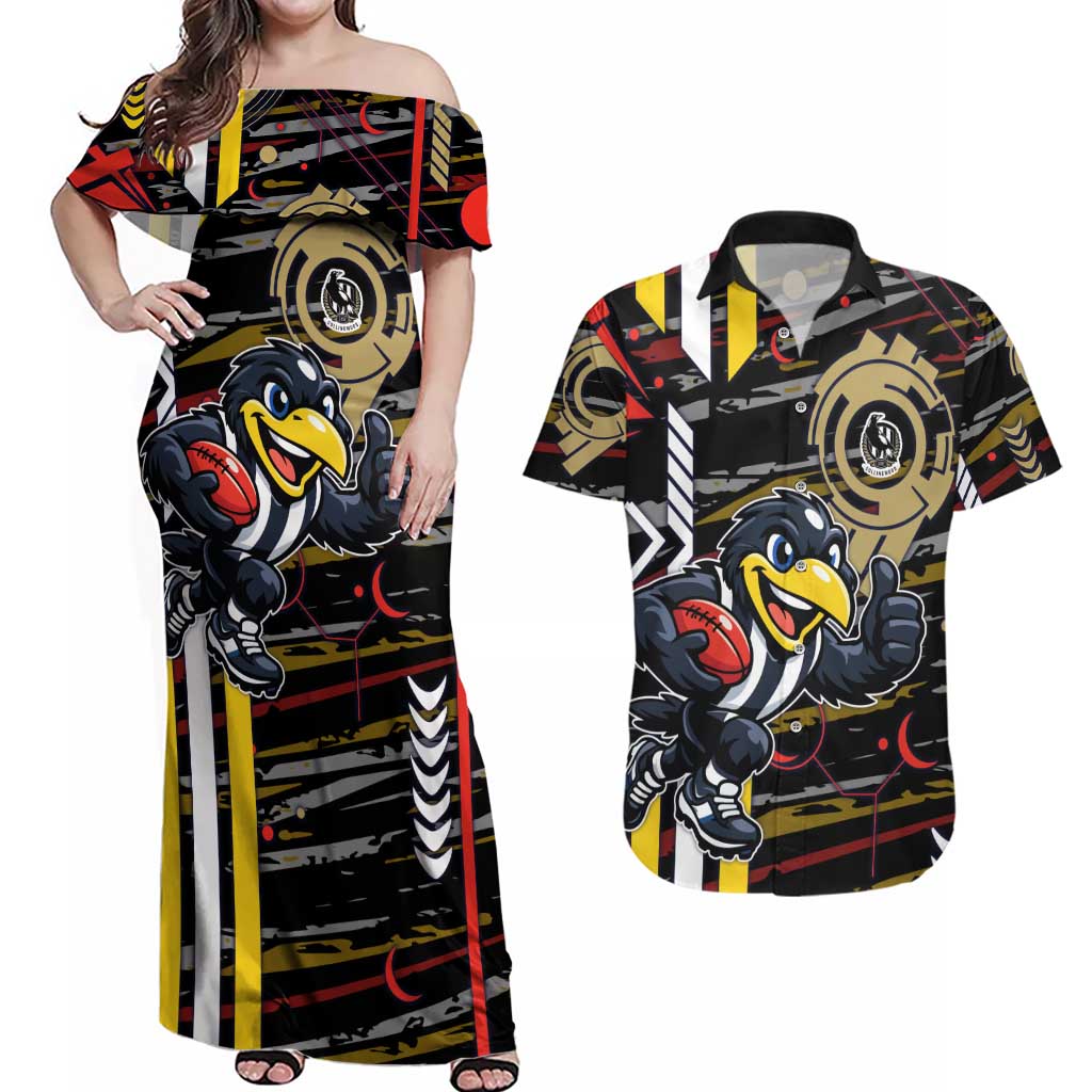 Collingwood Football Club Couples Matching Off Shoulder Maxi Dress and Hawaiian Shirt Mascot Cartoon Football Illustration Style