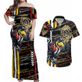 Collingwood Football Club Couples Matching Off Shoulder Maxi Dress and Hawaiian Shirt Mascot Cartoon Football Illustration Style