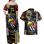 Collingwood Football Club Couples Matching Off Shoulder Maxi Dress and Hawaiian Shirt Mascot Cartoon Football Illustration Style