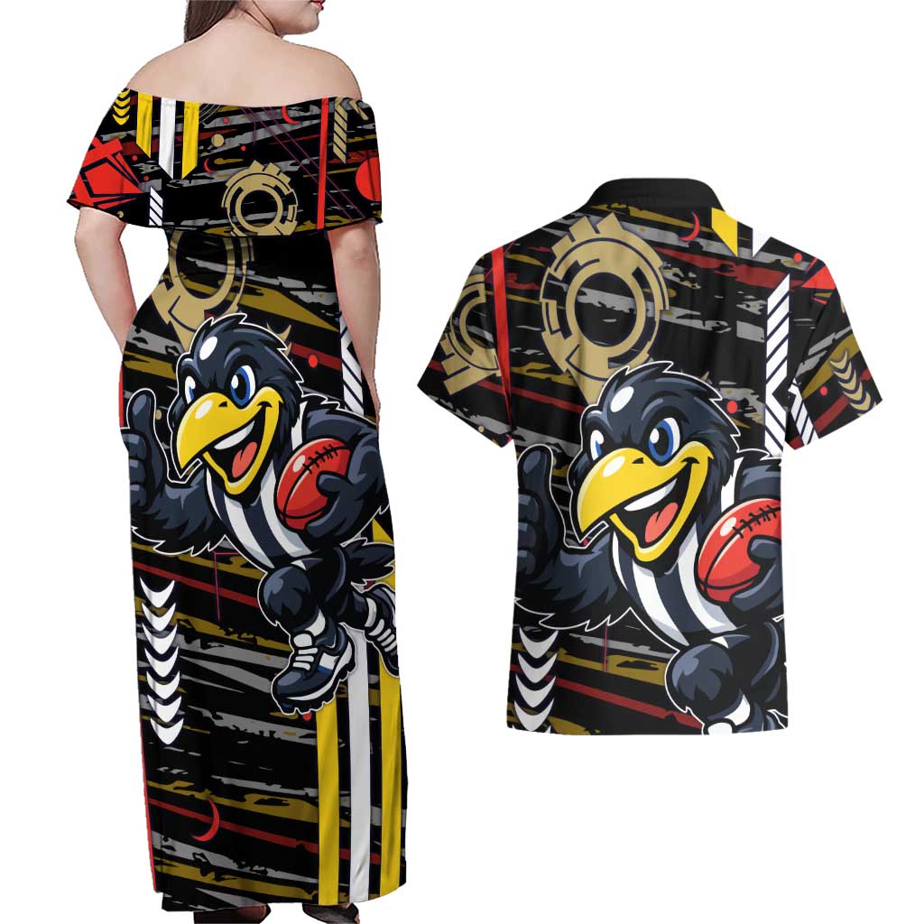 Collingwood Football Club Couples Matching Off Shoulder Maxi Dress and Hawaiian Shirt Mascot Cartoon Football Illustration Style