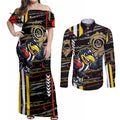 Collingwood Football Club Couples Matching Off Shoulder Maxi Dress and Long Sleeve Button Shirt Mascot Cartoon Football Illustration Style