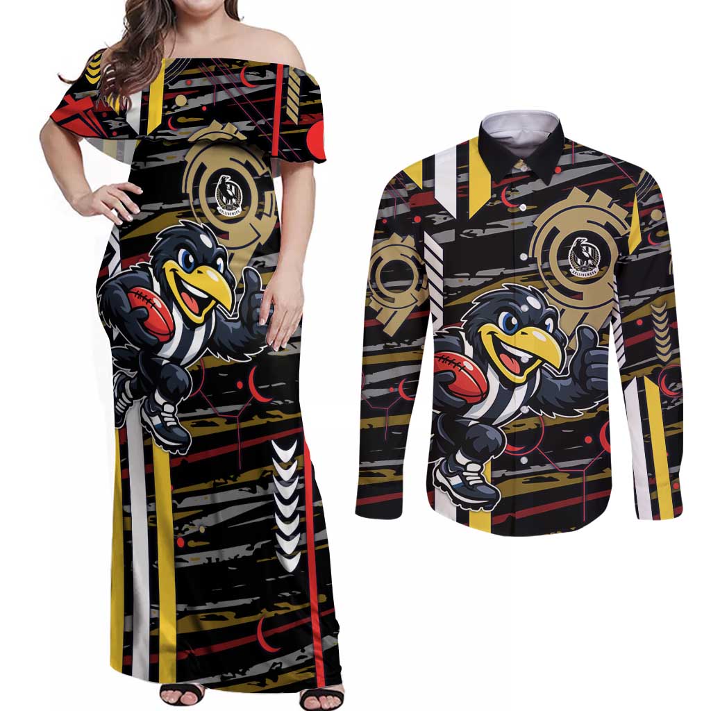Collingwood Football Club Couples Matching Off Shoulder Maxi Dress and Long Sleeve Button Shirt Mascot Cartoon Football Illustration Style