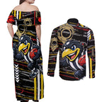 Collingwood Football Club Couples Matching Off Shoulder Maxi Dress and Long Sleeve Button Shirt Mascot Cartoon Football Illustration Style