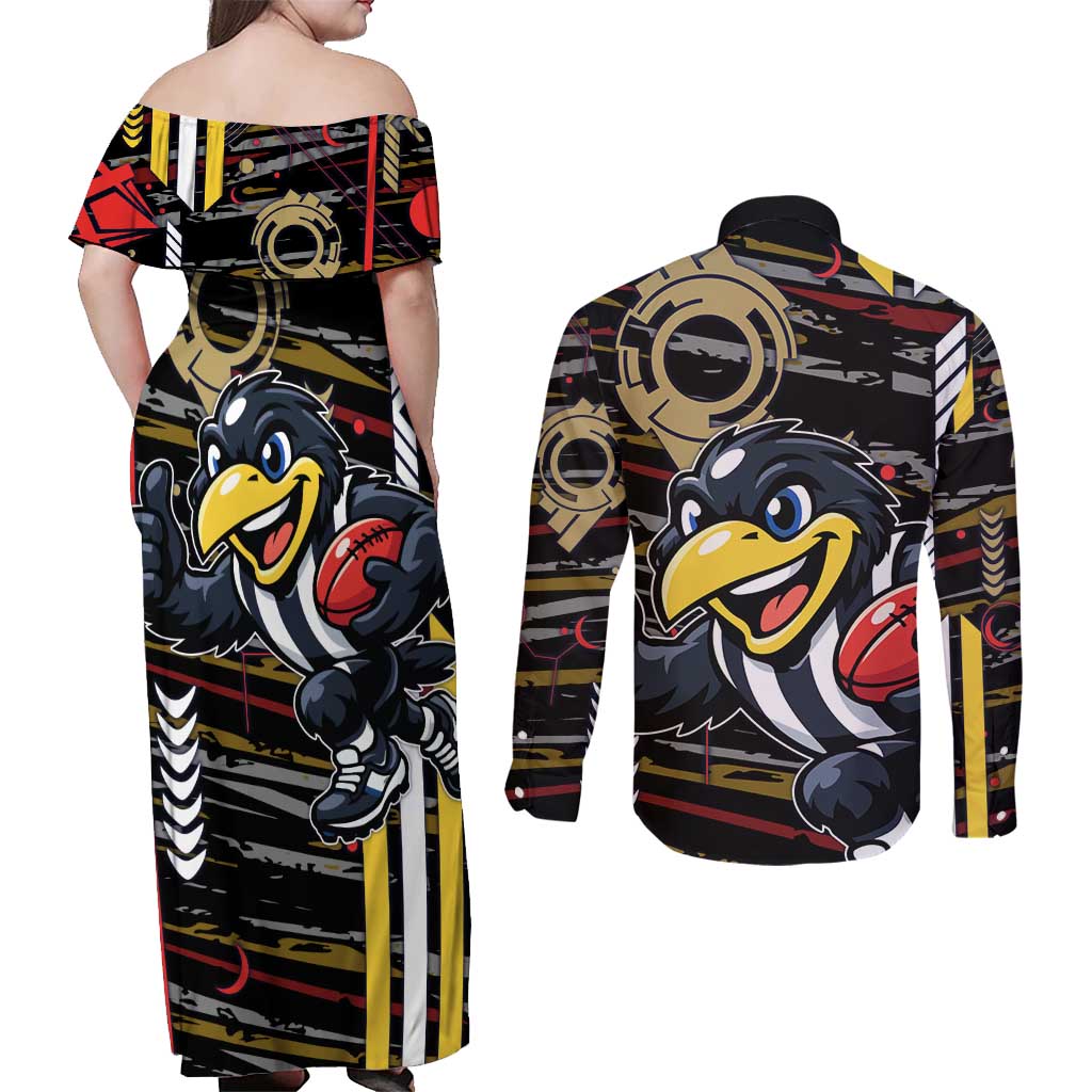 Collingwood Football Club Couples Matching Off Shoulder Maxi Dress and Long Sleeve Button Shirt Mascot Cartoon Football Illustration Style