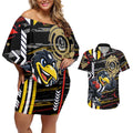 Collingwood Football Club Couples Matching Off Shoulder Short Dress and Hawaiian Shirt Mascot Cartoon Football Illustration Style