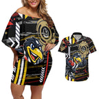 Collingwood Football Club Couples Matching Off Shoulder Short Dress and Hawaiian Shirt Mascot Cartoon Football Illustration Style