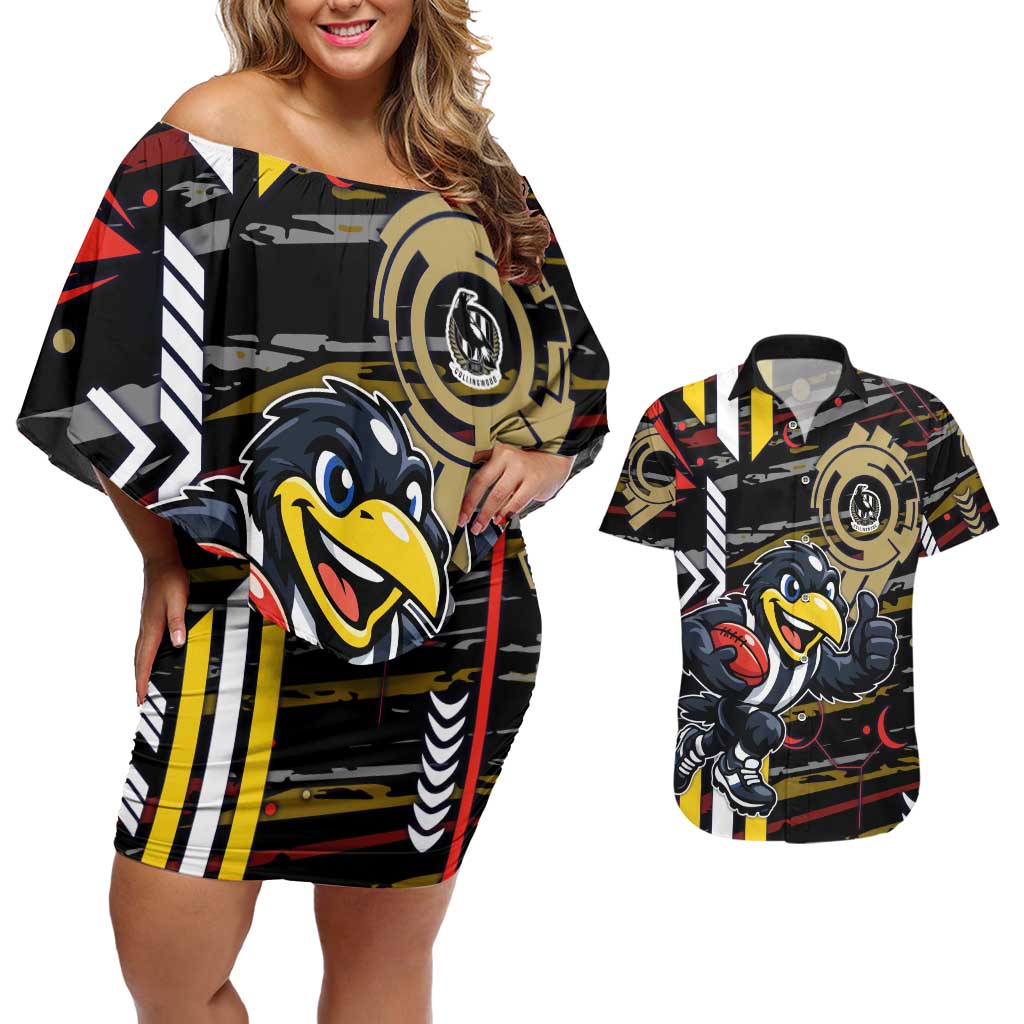 Collingwood Football Club Couples Matching Off Shoulder Short Dress and Hawaiian Shirt Mascot Cartoon Football Illustration Style