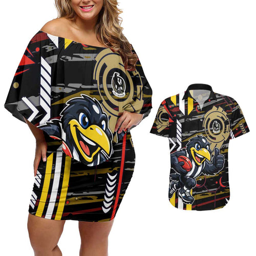 Collingwood Football Club Couples Matching Off Shoulder Short Dress and Hawaiian Shirt Mascot Cartoon Football Illustration Style
