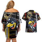 Collingwood Football Club Couples Matching Off Shoulder Short Dress and Hawaiian Shirt Mascot Cartoon Football Illustration Style