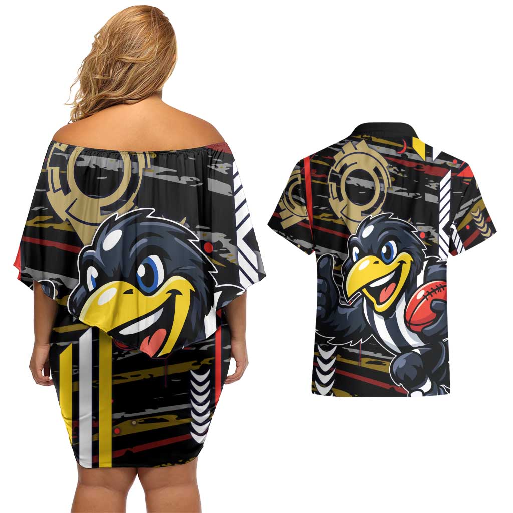 Collingwood Football Club Couples Matching Off Shoulder Short Dress and Hawaiian Shirt Mascot Cartoon Football Illustration Style