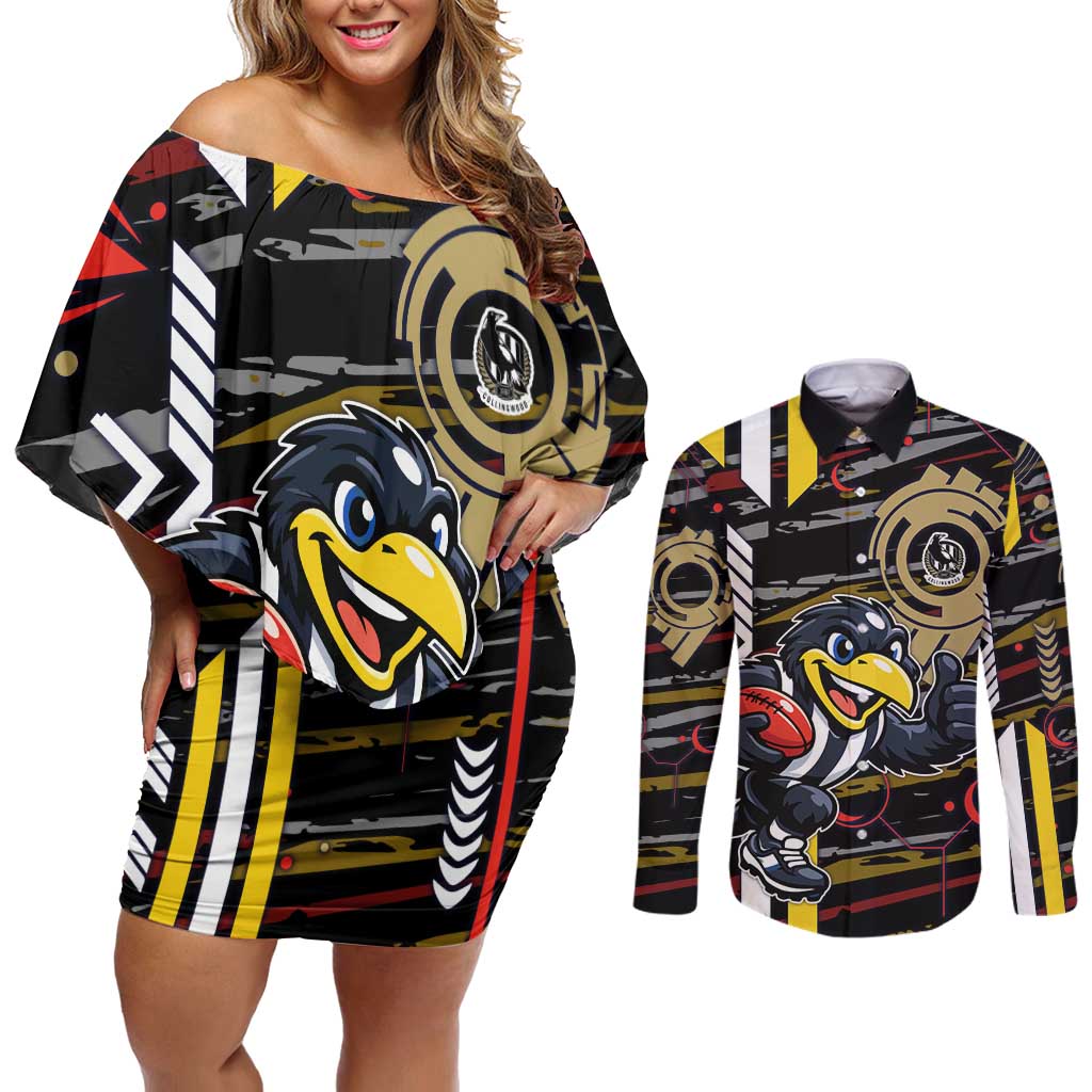 Collingwood Football Club Couples Matching Off Shoulder Short Dress and Long Sleeve Button Shirt Mascot Cartoon Football Illustration Style