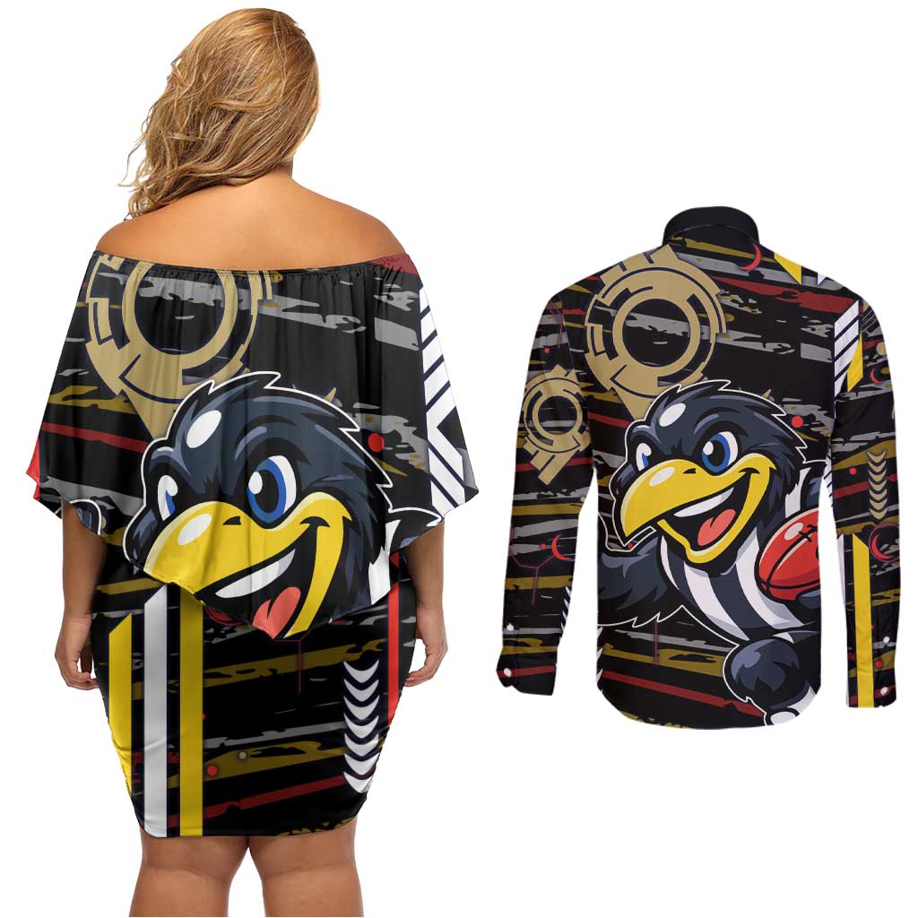 Collingwood Football Club Couples Matching Off Shoulder Short Dress and Long Sleeve Button Shirt Mascot Cartoon Football Illustration Style