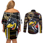 Collingwood Football Club Couples Matching Off Shoulder Short Dress and Long Sleeve Button Shirt Mascot Cartoon Football Illustration Style