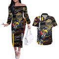 Collingwood Football Club Couples Matching Off The Shoulder Long Sleeve Dress and Hawaiian Shirt Mascot Cartoon Football Illustration Style