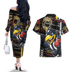 Collingwood Football Club Couples Matching Off The Shoulder Long Sleeve Dress and Hawaiian Shirt Mascot Cartoon Football Illustration Style