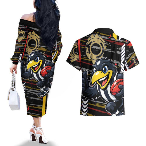 Collingwood Football Club Couples Matching Off The Shoulder Long Sleeve Dress and Hawaiian Shirt Mascot Cartoon Football Illustration Style