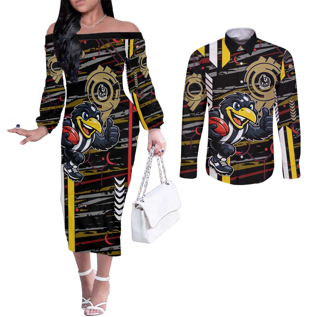 Collingwood Football Club Couples Matching Off The Shoulder Long Sleeve Dress and Long Sleeve Button Shirt Mascot Cartoon Football Illustration Style