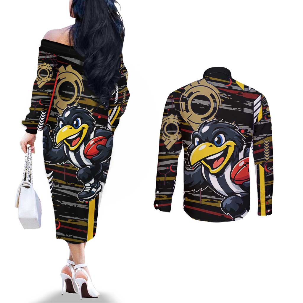 Collingwood Football Club Couples Matching Off The Shoulder Long Sleeve Dress and Long Sleeve Button Shirt Mascot Cartoon Football Illustration Style