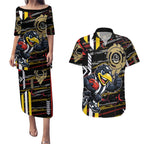 Collingwood Football Club Couples Matching Puletasi and Hawaiian Shirt Mascot Cartoon Football Illustration Style