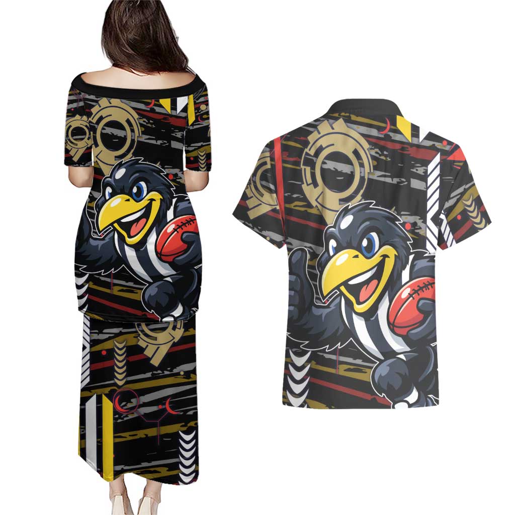 Collingwood Football Club Couples Matching Puletasi and Hawaiian Shirt Mascot Cartoon Football Illustration Style