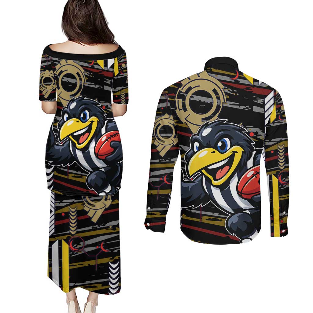 Collingwood Football Club Couples Matching Puletasi and Long Sleeve Button Shirt Mascot Cartoon Football Illustration Style