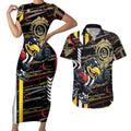 Collingwood Football Club Couples Matching Short Sleeve Bodycon Dress and Hawaiian Shirt Mascot Cartoon Football Illustration Style