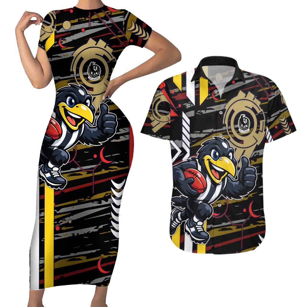 Collingwood Football Club Couples Matching Short Sleeve Bodycon Dress and Hawaiian Shirt Mascot Cartoon Football Illustration Style