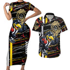 Collingwood Football Club Couples Matching Short Sleeve Bodycon Dress and Hawaiian Shirt Mascot Cartoon Football Illustration Style