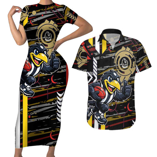 Collingwood Football Club Couples Matching Short Sleeve Bodycon Dress and Hawaiian Shirt Mascot Cartoon Football Illustration Style