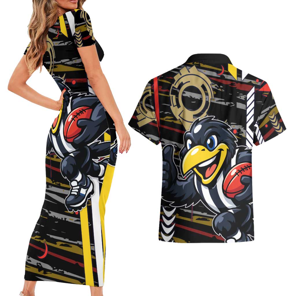 Collingwood Football Club Couples Matching Short Sleeve Bodycon Dress and Hawaiian Shirt Mascot Cartoon Football Illustration Style