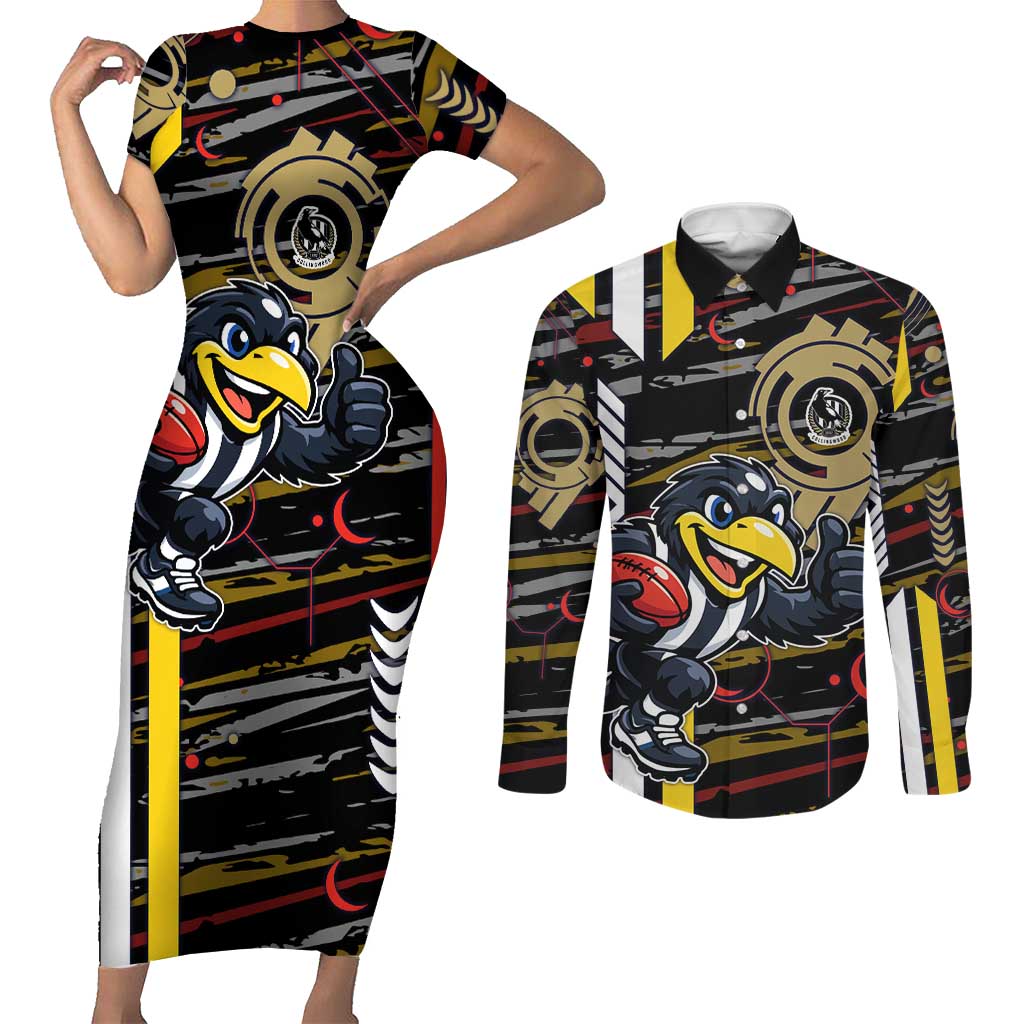 Collingwood Football Club Couples Matching Short Sleeve Bodycon Dress and Long Sleeve Button Shirt Mascot Cartoon Football Illustration Style