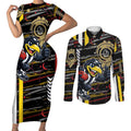Collingwood Football Club Couples Matching Short Sleeve Bodycon Dress and Long Sleeve Button Shirt Mascot Cartoon Football Illustration Style