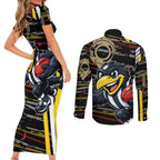 Collingwood Football Club Couples Matching Short Sleeve Bodycon Dress and Long Sleeve Button Shirt Mascot Cartoon Football Illustration Style