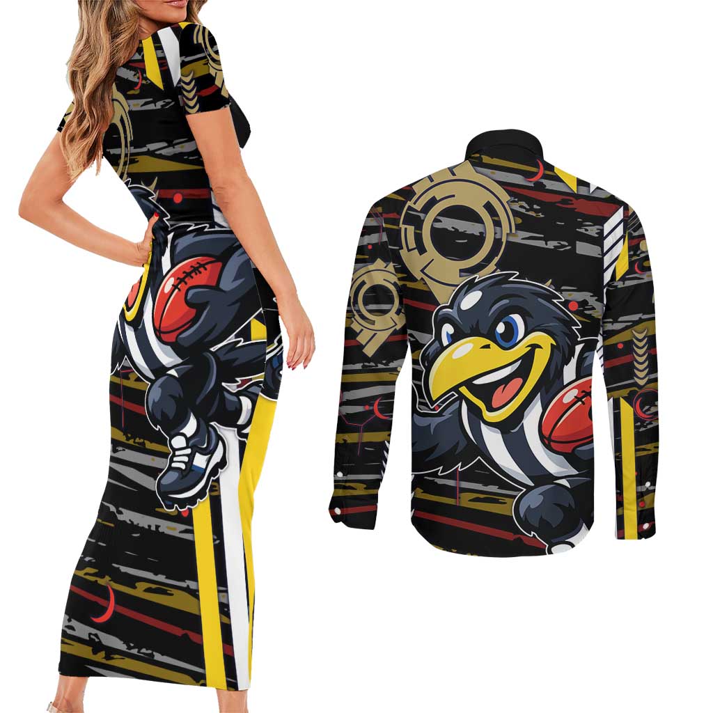 Collingwood Football Club Couples Matching Short Sleeve Bodycon Dress and Long Sleeve Button Shirt Mascot Cartoon Football Illustration Style
