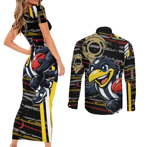 Collingwood Football Club Couples Matching Short Sleeve Bodycon Dress and Long Sleeve Button Shirt Mascot Cartoon Football Illustration Style
