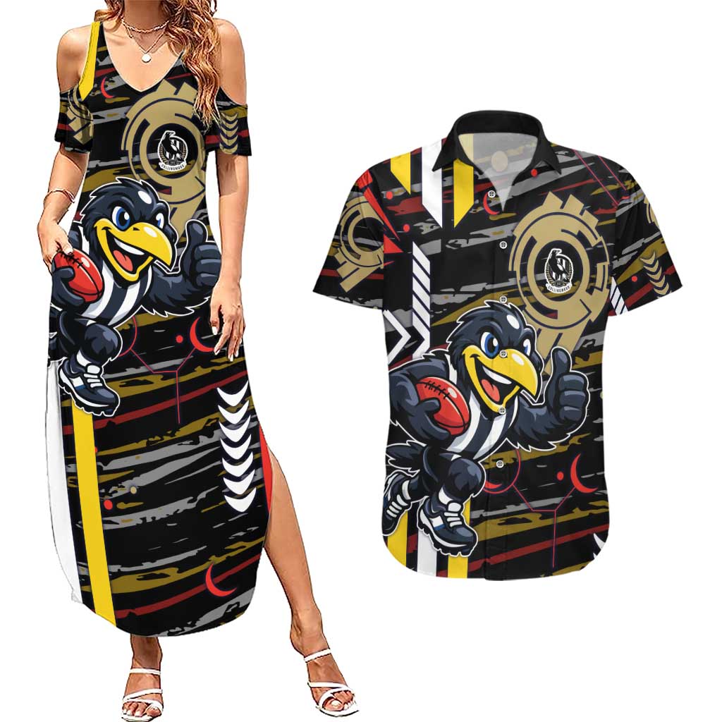Collingwood Football Club Couples Matching Summer Maxi Dress and Hawaiian Shirt Mascot Cartoon Football Illustration Style