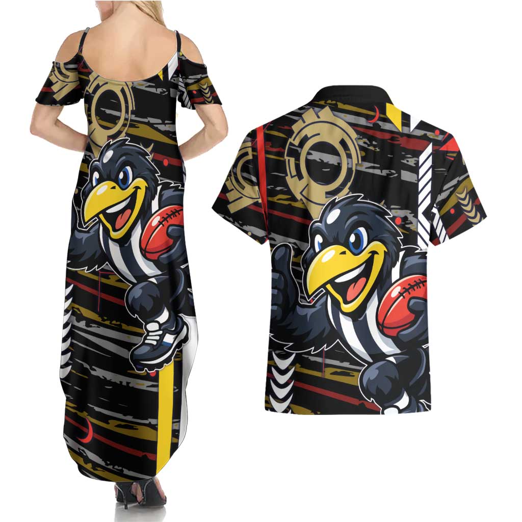 Collingwood Football Club Couples Matching Summer Maxi Dress and Hawaiian Shirt Mascot Cartoon Football Illustration Style