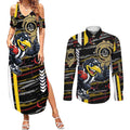 Collingwood Football Club Couples Matching Summer Maxi Dress and Long Sleeve Button Shirt Mascot Cartoon Football Illustration Style