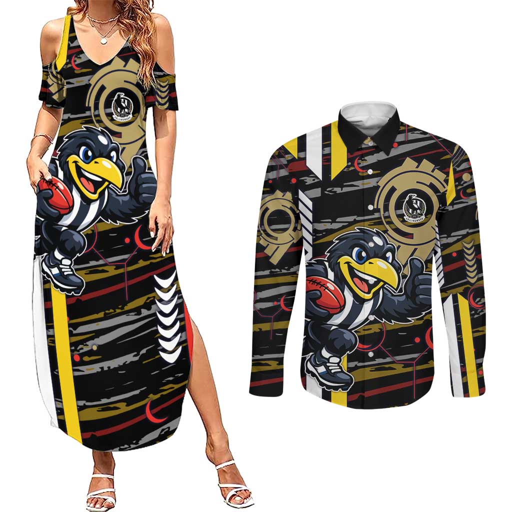 Collingwood Football Club Couples Matching Summer Maxi Dress and Long Sleeve Button Shirt Mascot Cartoon Football Illustration Style