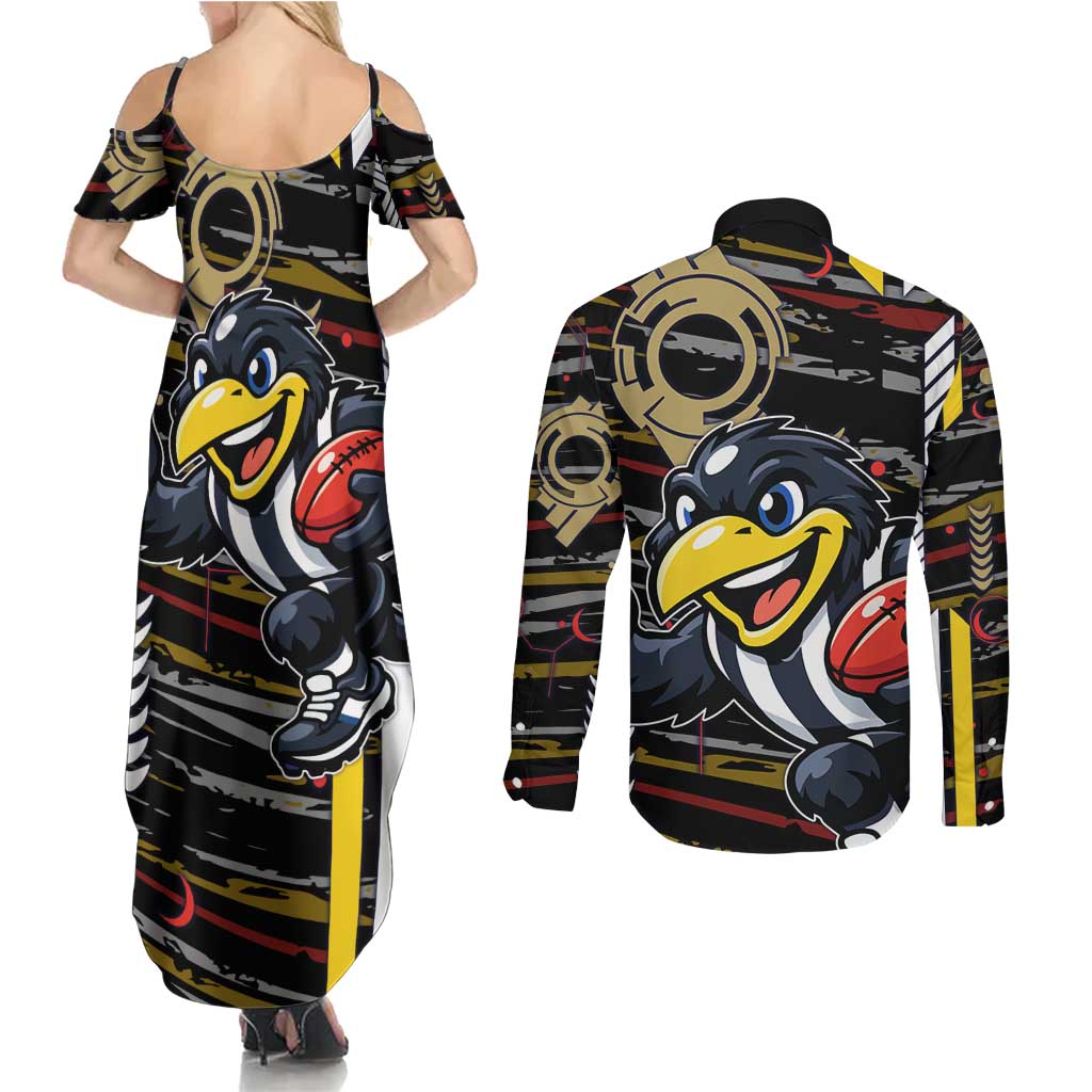 Collingwood Football Club Couples Matching Summer Maxi Dress and Long Sleeve Button Shirt Mascot Cartoon Football Illustration Style