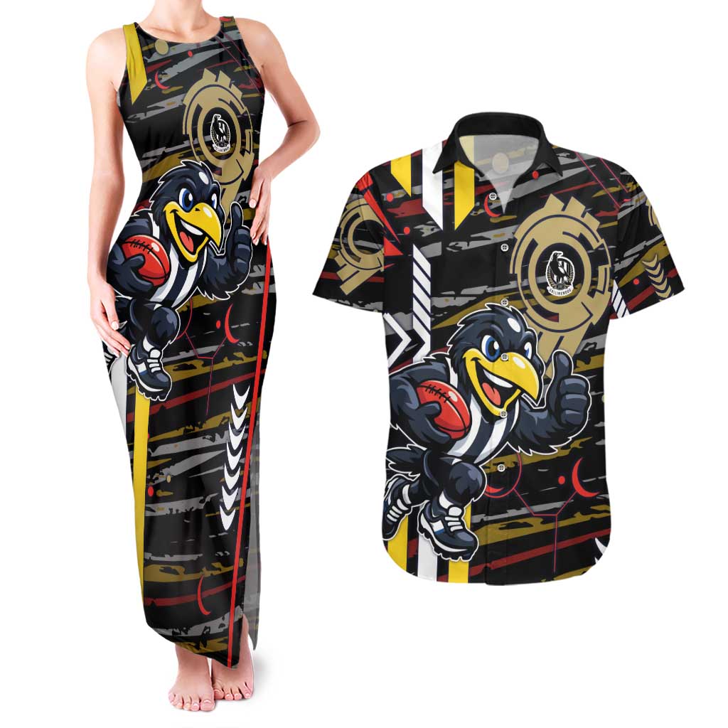 Collingwood Football Club Couples Matching Tank Maxi Dress and Hawaiian Shirt Mascot Cartoon Football Illustration Style