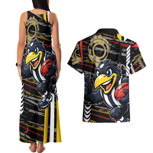 Collingwood Football Club Couples Matching Tank Maxi Dress and Hawaiian Shirt Mascot Cartoon Football Illustration Style