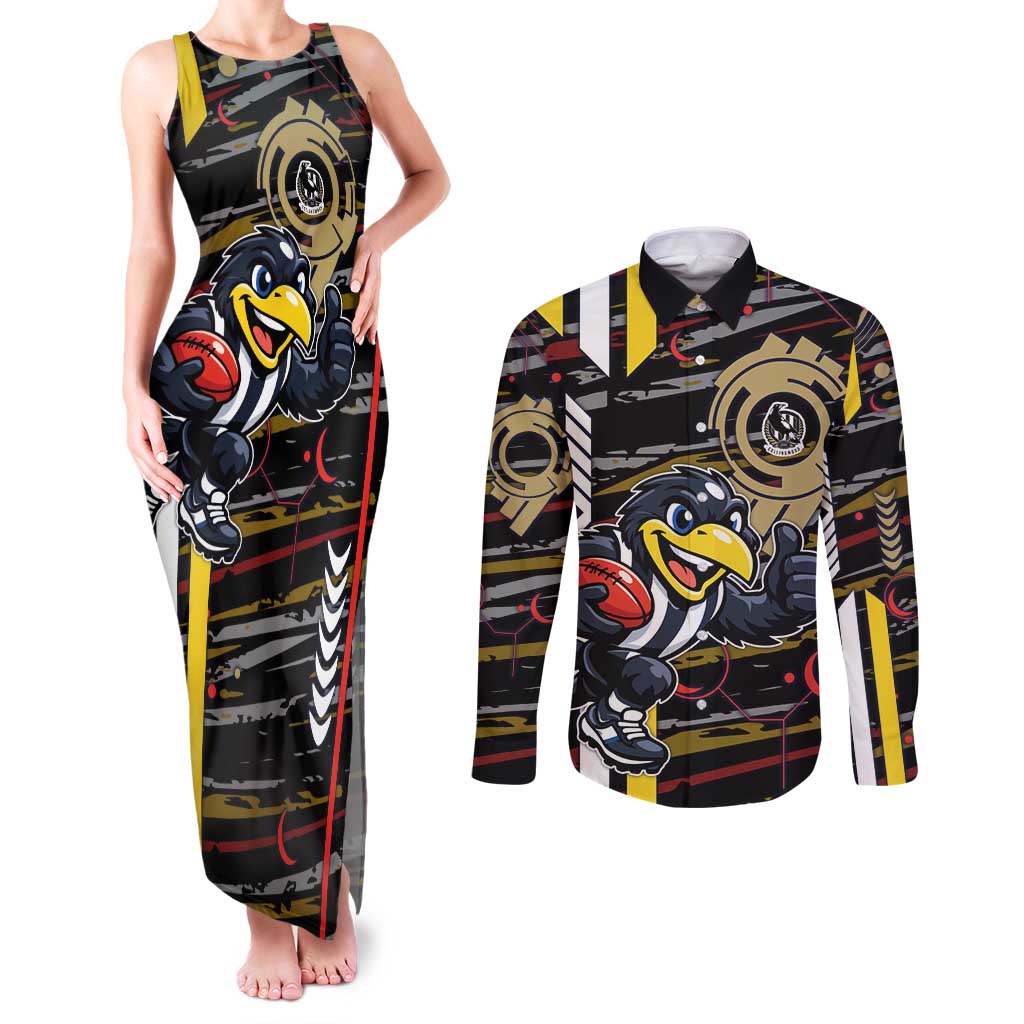 Collingwood Football Club Couples Matching Tank Maxi Dress and Long Sleeve Button Shirt Mascot Cartoon Football Illustration Style