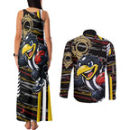 Collingwood Football Club Couples Matching Tank Maxi Dress and Long Sleeve Button Shirt Mascot Cartoon Football Illustration Style