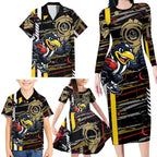 Collingwood Football Club Family Matching Long Sleeve Bodycon Dress and Hawaiian Shirt Mascot Cartoon Football Illustration Style